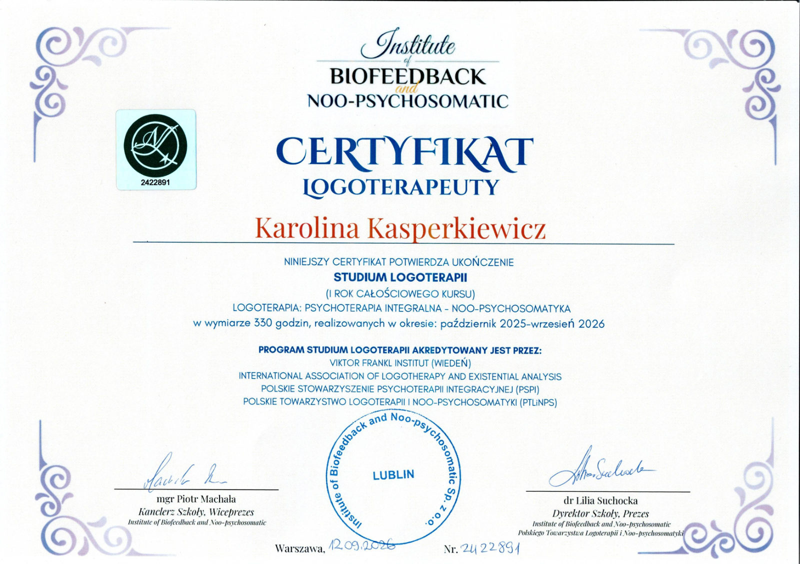 Miniatura certyfikatu: Studium Logoterapii (I rok całościowego kursu)