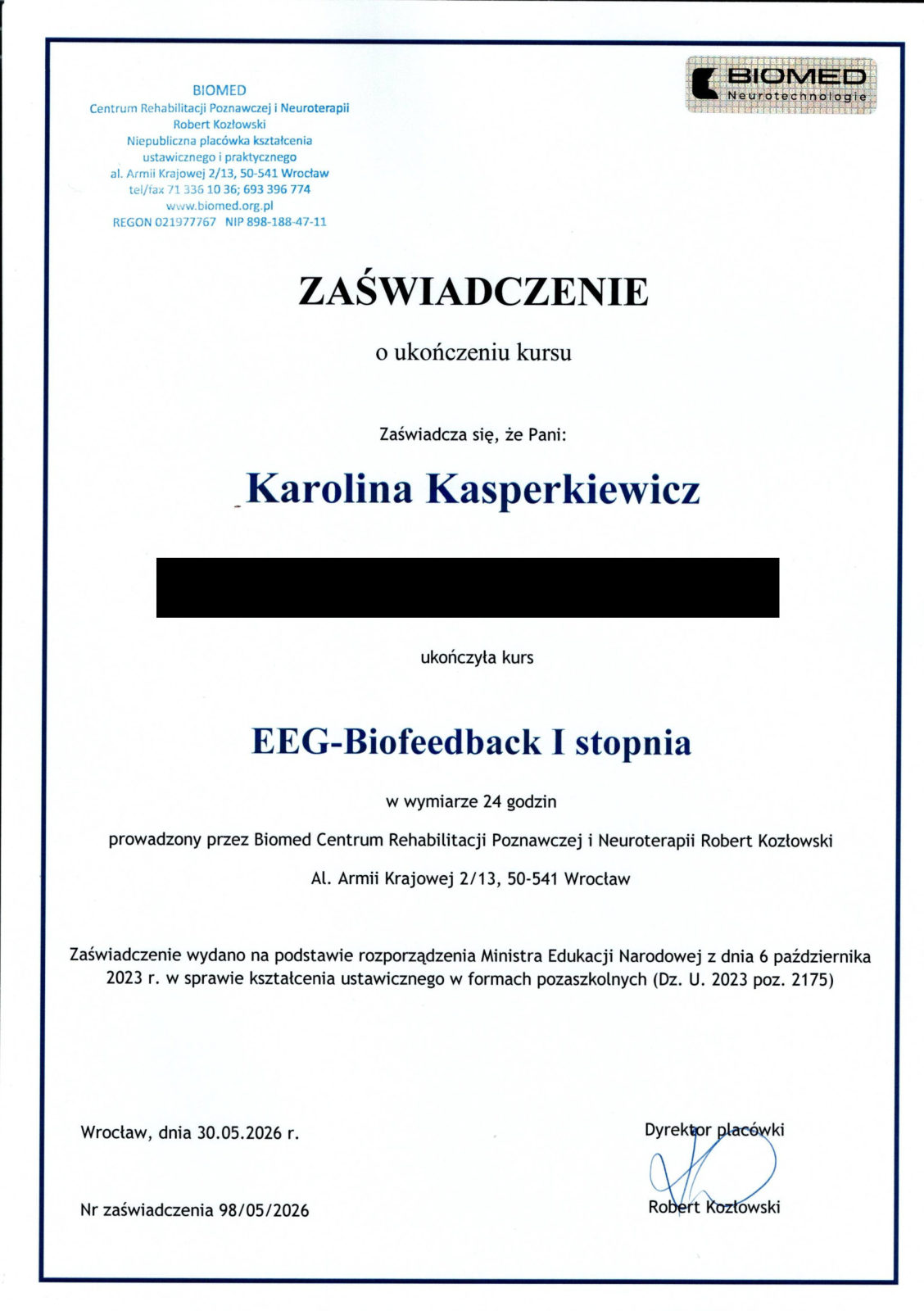 Miniatura certyfikatu: EEG-Biofeedback I stopnia